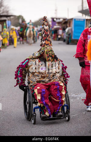 Ein Rollstuhl gebunden Zecher trägt traditionelle Cajun Karneval Masken und Kostüme bei der Courir de Mardi Gras Chicken Run auf Fat Dienstag, 17. Februar 2015 in Eunice, Louisiana. Cajun Karneval beinhaltet kostümierte Jecken, die im Wettbewerb um ein live Huhn zu fangen, da sie von Haus zu Haus in der gesamten ländlichen Gemeinschaft bewegen. Stockfoto