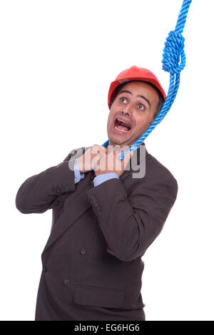 Business-Mann hängt an einem Seil, isoliert auf weißem Hintergrund Stockfoto