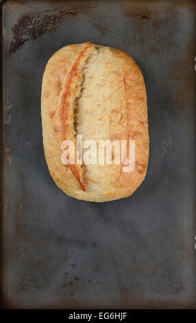 Hohen Winkel Schuss einen frisch gebackenen Laib Brot auf ein Backblech legen. Hochformat mit Textfreiraum. Stockfoto