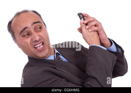 Geschäftsmann, die Diskussion auf Handy, isoliert auf weiß Stockfoto