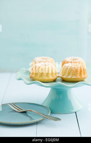 Bundt-Küchlein mit Puderzucker auf eine Kuchenplatte Stockfoto