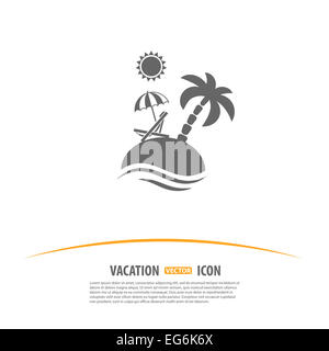 Reisen, Tourismus und Ferien-Logo-Design-Vorlage. Insel mit Palmen, Sonne, Sonnenschirm und Strandkorb-Symbol. Stockfoto