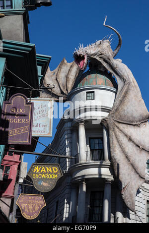 Blick auf die Wizarding World of Harry Potter Attraktion in den Universal Studios in Florida. Stockfoto