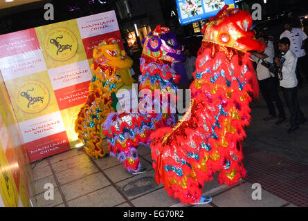 Festland China Chinese New Year Holz Schafe mit einem bunten Drachen-Tanz am Dienstag in ihrem Flaggschiff-Restaurant am Dadabhai Straße gefeiert. Die vierzehn Tage lang umfasst Festival mehrere gesunde Elemente symbolisch für Gesundheit und Wohlstand. Lange Nudeln für ein langes Leben, wie Blattgemüse chinesischer Brokkoli serviert ein langes Leben, Eltern, Fisch zu wünschen, weil das Wort für Fisch klingt wie das chinesische Wort für Fülle ganze. Es sind auch geschmackvoll zubereitete Speisen freuen einschließlich knusprig gebratene Knoblauch Champignons, dampfgegart Quark Knödel mit Sellerie, in Scheiben geschnitten Huhn Stockfoto