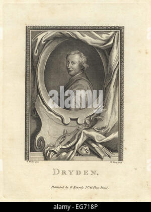 Porträt von John Dryden, englischer Restaurierung Dichter, 1631-1700, in Oval mit Maske, Lyra, Büchern und Vorhang dekoriert. Stockfoto