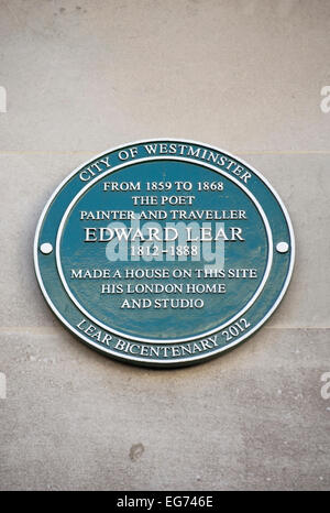 Westminster grüne Plakette markiert ein Haus des 19. Jahrhunderts Künstlers und Schriftstellers Edward Lear, Stratford place, London, England Stockfoto