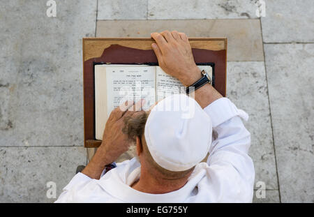 Ein jüdischer Mann liest in der Thora in der Nähe der Klagemauer in Jerusalem Stockfoto