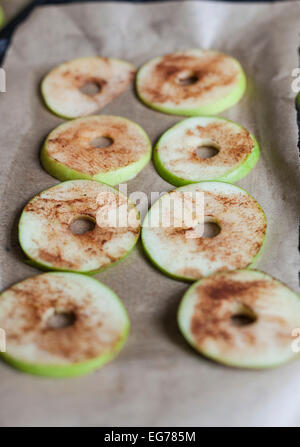 Acht Apfelscheiben angelegt auf ein Backblech mit Backpapier, mit Zimt bestreut. Stockfoto