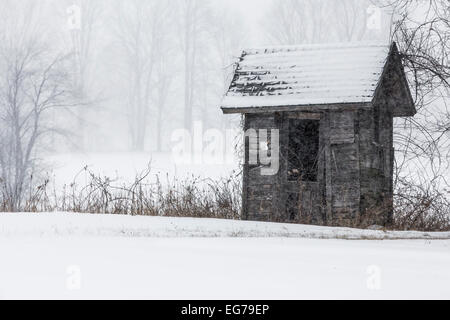 Schnee fällt um verwitterte wenig Gebäude, vielleicht ein Nebengebäude mit Blick auf einer Farm nahe dem Dorf Stanwood in centra Stockfoto