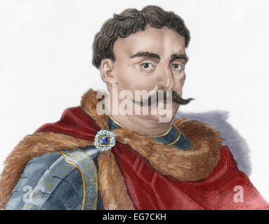 Johann III. Sobieski (1629-1696). König von Polen (1674-1696) und Großherzog von Litauen. Porträt. Gravur. Farbige. Stockfoto