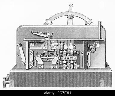 Jahrgang des 19. Jahrhunderts, die Zeichnung eines Wheatstone-Morse-Code/Telegraph-Senders Stockfoto