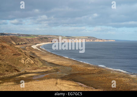 Blick nach Norden von Blackhall Zeche entlang der Küste der Grafschaft Durham, aus dem Küstenpfad England zeigt Mine verschwenden Einlagen Stockfoto