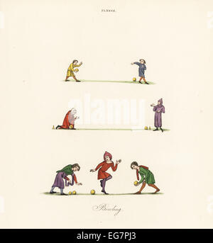Mittelalterliche bowling Spiele: zwei Männer spielen Schalen, 14. Jahrhundert (oben), zwei Männer spielen Schalen mit Ziel Kegel oder Markierungen, 13. Jahrhundert (Mitte), und drei Männer spielen Schalen mit einem Wagenheber, 14. Jahrhundert (unten). Stockfoto