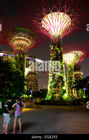 Die spektakulären und atemberaubenden Supertrees beleuchtet in der Nacht in der "Garten an der Bucht", Singapur. Stockfoto