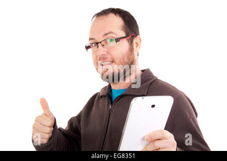 lässig gekleideten Mann mit Handy in der Hand isoliert auf weißem Hintergrund Stockfoto