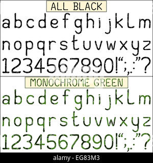 Kleinbuchstaben-Alphabet, Ziffern und Satzzeichen in einer handgeschriebenen Schrift mit Segmenten. Schwarz und monochrom Grün setzt. Stockfoto