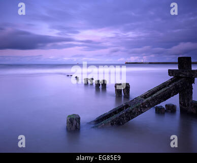 Buhne und Hafen Wand in Aberdeen am Meer bei Sonnenuntergang, Aberdeenshire. Stockfoto