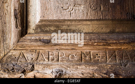 Nahaufnahme von der hölzernen Eingangstor der Kirche des Heiligen Grabes, Altstadt von Jerusalem, Israel Stockfoto