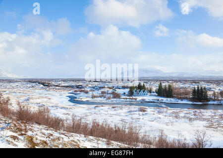 Þingvallabaer und River Oxara Þingvellir Nationalpark im Winter Island-Europa Stockfoto