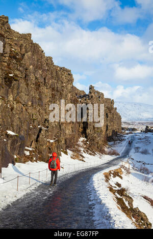 Tourist-Wanderer in der Allmannagja Schlucht Þingvellir Nationalpark im Winter Island-Europa Stockfoto