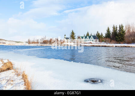 Þingvallabaer und River Oxara Þingvellir Nationalpark im Winter Island-Europa Stockfoto