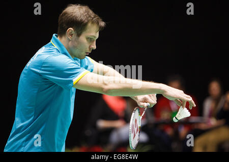 LEUVEN, BELGIEN, 14.02.2015. Badmintonspieler Ivan Sozonov (im Bild) und Evgeniya Kosetskaya (Russland) schlagen Chris Adcock und Gabrielle Adcock im Halbfinale der gemischten Team Europameisterschaft in Leuven, 2015. Stockfoto