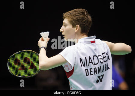 LEUVEN, BELGIEN, 14.02.2015. Badminton-Spieler Anna Thea Madsen (Dänemark, im Bild) verliert ihr Spiel gegen Karin Schnaase (Deutschland) im Halbfinale der gemischten Team Europameisterschaft in Leuven, 2015. Stockfoto