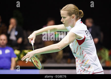 LEUVEN, BELGIEN, 14.02.2015. Badmintonspieler Christinna Pedersen (im Bild) und Rytter-Juhl Kamilla von Dänemark schlagen Johanna Goliszewski und Carla Nelte von Deutschland im Halbfinale der gemischten Team Europameisterschaft in Leuven, 2015. Stockfoto