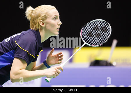 LEUVEN, BELGIEN, 13.02.2015. Badmintonspieler Imogen Bankier (im Bild) und Robert Blair von Schottland verloren ihr Match gegen Vladimir Ivanov und Evgeniya Kosetskaya (Russland) im Viertelfinale der gemischten Team Europameisterschaft in Leuven, 2015. Stockfoto