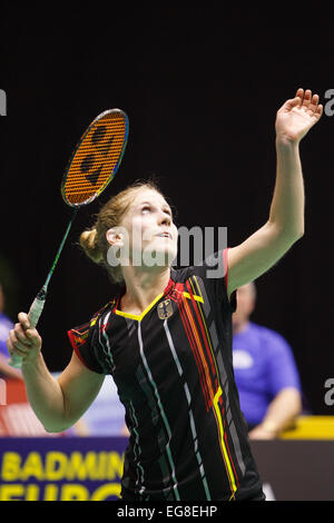 LEUVEN, BELGIEN, 13.02.2015. Badminton-Spieler Karin Schnaase (Marrow, abgebildet) verliert ihr Match gegen Sashina Vignes Waran (Frankreich) im Viertelfinale der gemischten Team Europameisterschaft in Leuven, 2015. Stockfoto