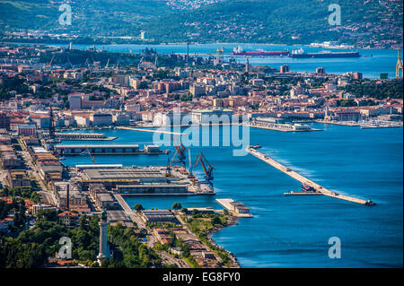 Triest, Italien - ein Blick auf die Stadt, den alten Hafen, den Leuchtturm und den Golf von Triest, von einem hohen Aussichtspunkt gesehen. Stockfoto