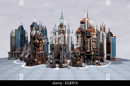 Digitale 3D Rendern einer Sience Fiction futuristische Stadt auf einem grauen Himmelshintergrund Stockfoto