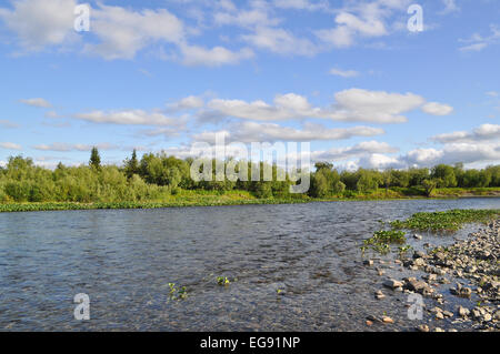 Die polaren Ural. Kiesel-Ufer. Nördlichen Flusslandschaft, sauberem Wasser und Umwelt Gnade. Stockfoto