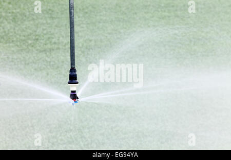 Eine Detailansicht eines high tech Wasser Erhaltung landwirtschaftliche Sprinkler für die Bewässerung von landwirtschaftlichen Kulturen. Stockfoto