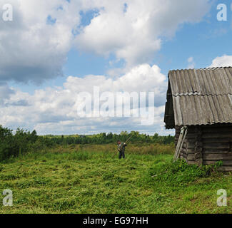 Am Dorf Garten Rasen zu mähen. Stockfoto