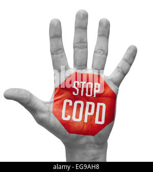 Stop COPD - rotes Schild gemalt - offene Hand erhoben, isolierten auf weißen Hintergrund. Stockfoto