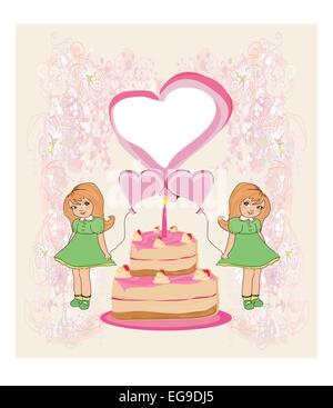 Geburtstagseinladung, Mädchen Holding Luftballons und eine Geburtstagstorte mit Kerzen Stock Vektor