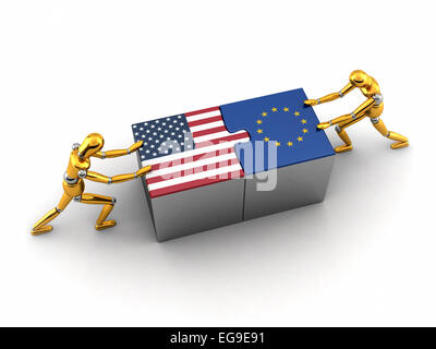 Politische oder finanzielle Konzept der USA kämpfen und eine Lösung mit der Europäischen Union zu finden. Stockfoto