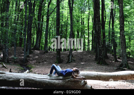 Frau auf einem Baumstamm im Wald, Gambarie, Kalabrien, Italien Stockfoto