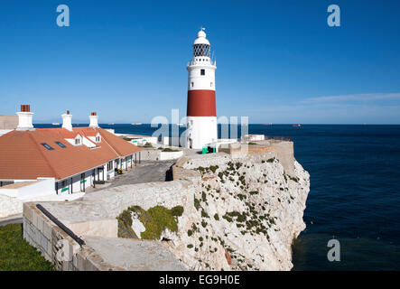 Rot-weiß gestreifte Leuchtturm in Europa Point, Gibraltar, Britisches Territorium im Süden Europas Stockfoto