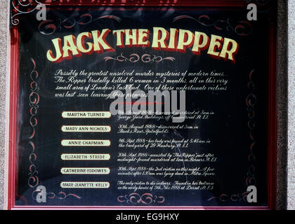 Jack the Ripper 'Opfer Brett'. Die zehn Glocken-Kneipe. London Stockfoto