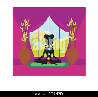 Mädchen sitzt und meditiert - Chakra-Punkte Stock Vektor
