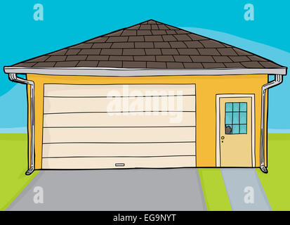 Einer Hand gezeichneten Cartoon gelbe Garage mit zerbrochenen Fenster Stockfoto