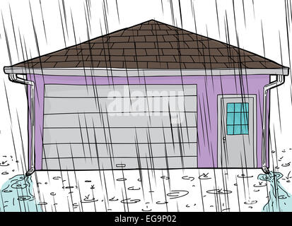 Hand-gezeichnete Cartoon-Garage mit Regen Tüllen Stockfoto