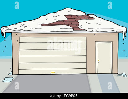 Geschlossene Garage und Eingang mit schmelzendem Schnee auf Dach Stockfoto