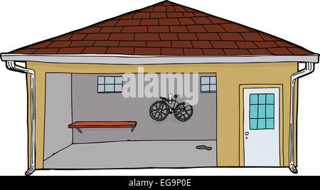 Isolierte handgezeichneten Cartoon Garage mit Fahrrad und Tür Stockfoto