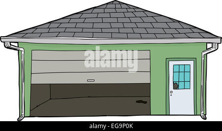 Isolierte Garage mit zerbrochenen Fenster und teilweise offene Tür Stockfoto