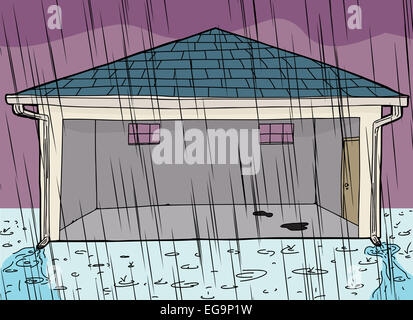 Cartoon der Garage mit offener Tür während Sturm Stockfoto