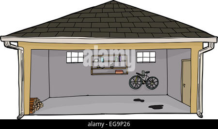 Hand gezeichneten Cartoon offene Garage mit Protokoll-Stapel Stockfoto