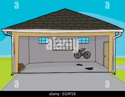 Offene Garage mit Fahrrad und Brennholz Stapel im Inneren Stockfoto
